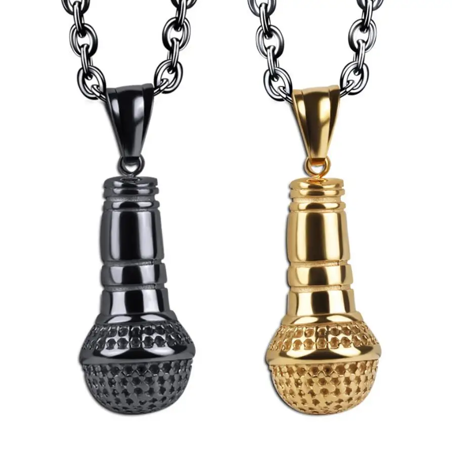

Hip Hop Silver Color Stainless Steel Ice Out Bling Music Stereoscopic Microphone Pendants Necklace For Men Jewelry