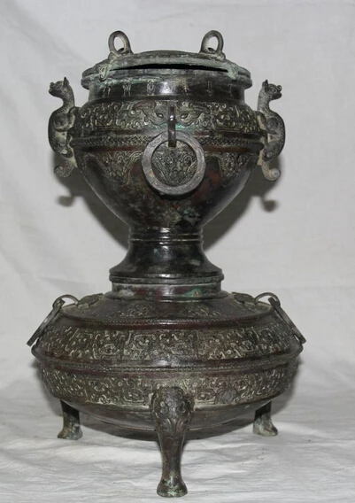 

JP S0524 15 Archaic Chinese Dynasty Bronze Sacrificial Dragon Kitchen Ware Food Vessel