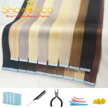 Showcoco лента(с чешуйками в одном направлении), настоящие волосы прямые Волосы remy 16-24 дюймов клей для наращивания 20/40 шт