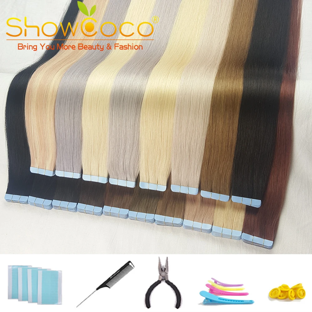 Showcoco лента (с чешуйками в одном направлении), реальные прямые волосы Реми 16-24 дюймов клей для наращивания 20/40 шт