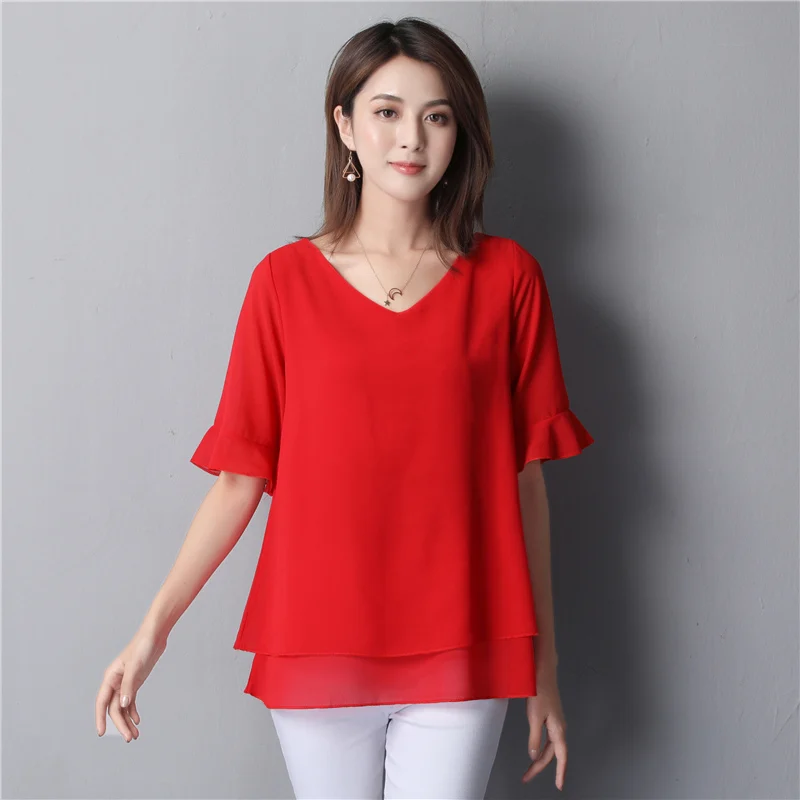 

Banerdanni New arrival Women Chiffon Shirt 2019 Summer Casual Batwing sleeve Blouse Loose V-Neck Female Tops Plus Size 5XL