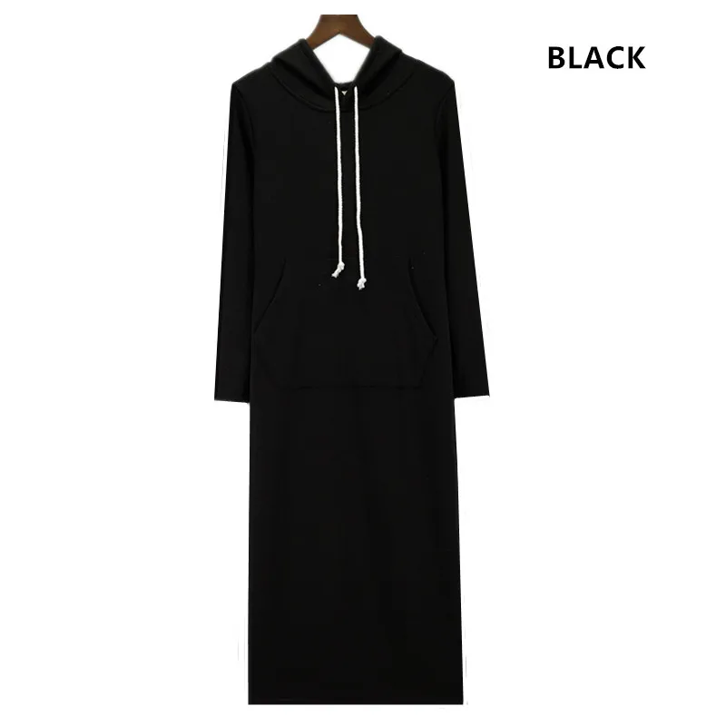 Женская Осенняя зимняя флисовая толстовка с капюшоном, толстовка с карманом, Повседневное платье с длинным рукавом, размера плюс S-5XL 6XL, весеннее платье черного цвета - Цвет: Черный