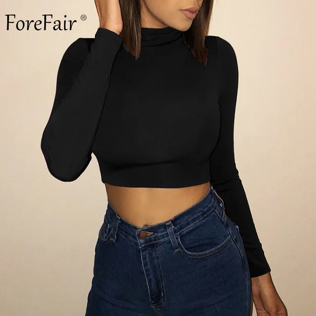 US $7.73 Forefair Long Sleeve Crop Top Women Shirts Harajuku Korean Black Burgundy Sexy Clothes Turtleneck B