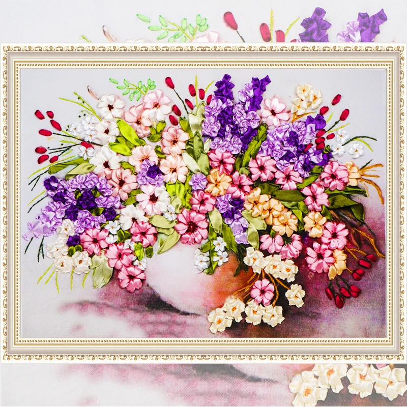 Flower Cross Stitch Embroidery,Silk Ribbon Embroidery Kits, Embroidery Paintings,Needlework Swing Handmade Craft Gift C-0266