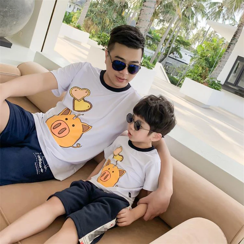 Family Matching Clothes Cute Heart Pigs Father Mother Kids T-shirts New Cotton Short Sleeve Summer Tops Boys Girls Shirt Gifts 
