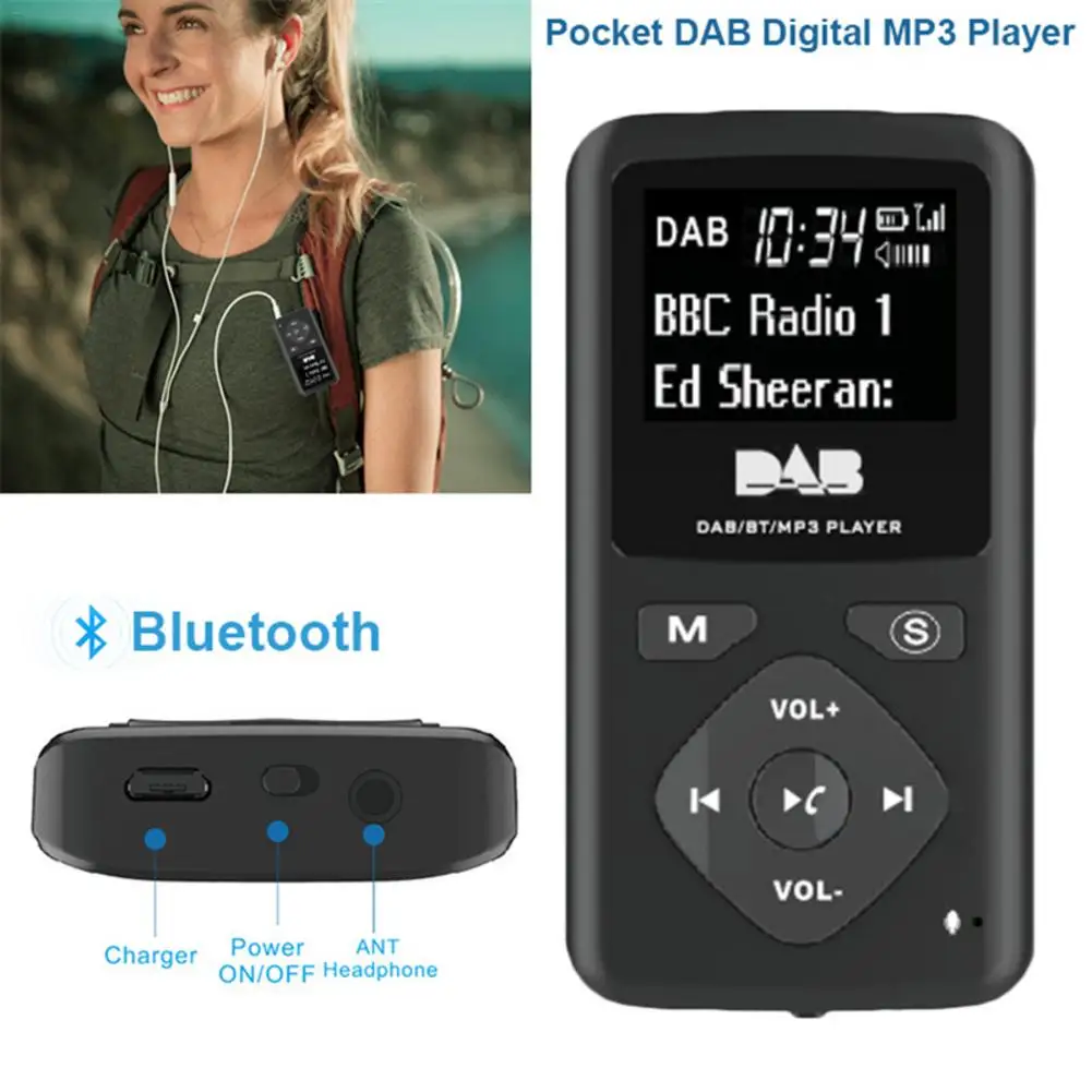 Карманный DAB портативный цифровой радио с Bluetooth MP3-плеер для пеших прогулок бега спорта