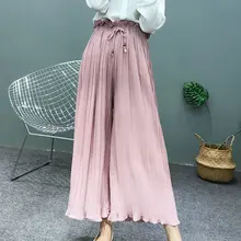 Fashion Hot New Wide Leg Pants Spring Summer Korean Flower Waist High Waist Pleated Pants Petals Hem Wild Chiffon Women Skirt scallop hem tie waist wide leg pants