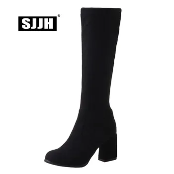 

SJJH Women Flock Autumn Long Boots with Round Toe Chunky Slip-on Short Plush Knee-High Boot Fashion Casual Shoes Large Size A907