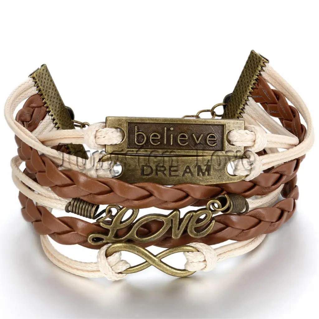 Women Fashion Vintage Leather Bracelet Infinity Love Believe Dream Women Fashion Vintage Leather Bracelet Infinity Love Believe Dream Multilayer Charm Bracelets Gift Brown Color Whole In Wrap From Jewelry