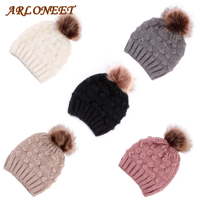 

ARLONEET Infant Winter Warm Knit Crochet Caps Baby Beanie Hat Toddler Kid Faux Fur pom pom Knit skullies ski Cap 0-3 years CC#