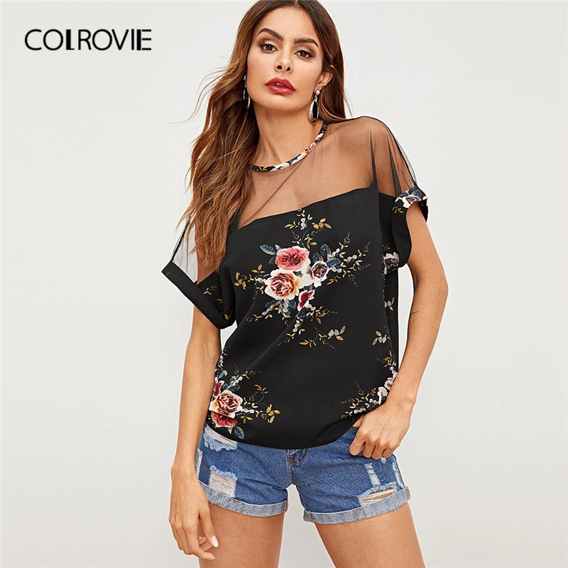 

COLROVIE Black Mesh Yoke Floral Print Boho Blouse Shirt Women Clothes 2019 Summer Holiday Office Ladies Tops Blouses