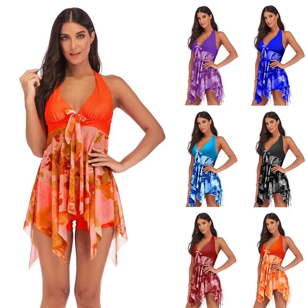 

High Waist Women Dress Monokini Fat Swimming Dress Print Tankini Micro Bikini Solid 2 Piece Swimsuit Women Swimwear