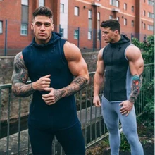 Брендовая мужская футболка для бега в тренажерном зале, толстовка с капюшоном, Спортивная футболка без рукавов с капюшоном, майка для фитнеса, бодибилдинга, одежда для бега