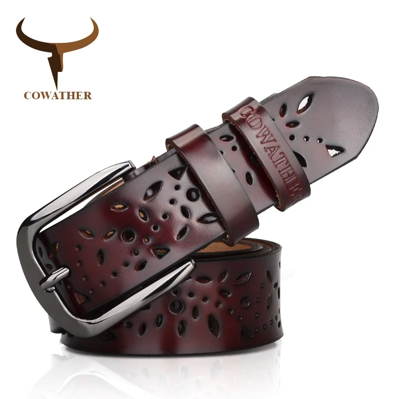 COWATHER New 2017 genuine leather jeans belts for Women Hollow pressed flower luxury strap female belt Gun gray buckle - Image 3
