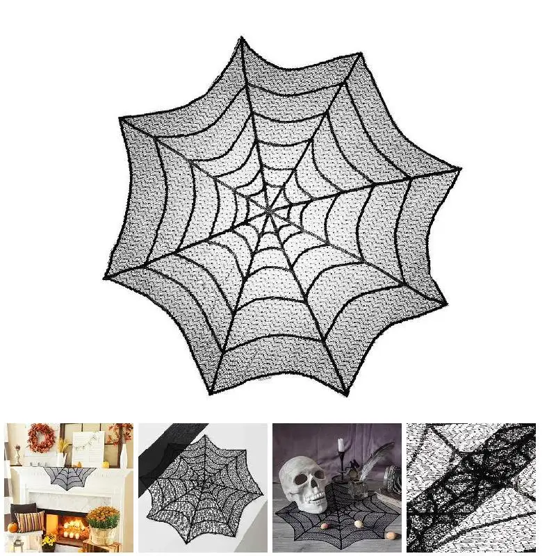 

Hot Cute 76cm Halloween Tablecloth Black Spider Web Lace Mantle Party Home Decorative Table Cloth Background Decoration LXY9 DE1