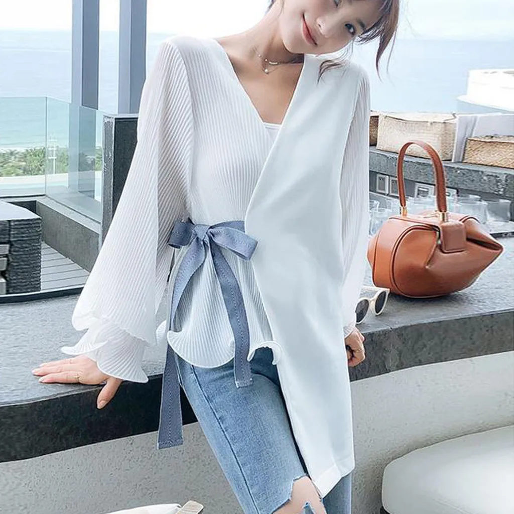 

2019 Women Casual Elegant Pure Color Tops Clothes V-neck Bow Irregular Long Sleeve Casual Sweet Blouse Clothes Dropship #19719