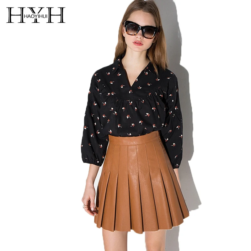 HYH HAOYIHUI Apparel Khaki Ruched Preppy Mini Casual Loose Leather Skirt Women Bottom Spring PU Basic Pleated Elegant | Женская одежда
