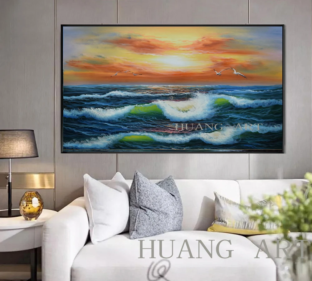 رسمت باليد النفط اللوحة ، قماش ، موجات الطيور البحرية ، اللوحة الصخور الديكور في المغيب فندق كنبة مكتب دراسة نادي اللوبي bedroo