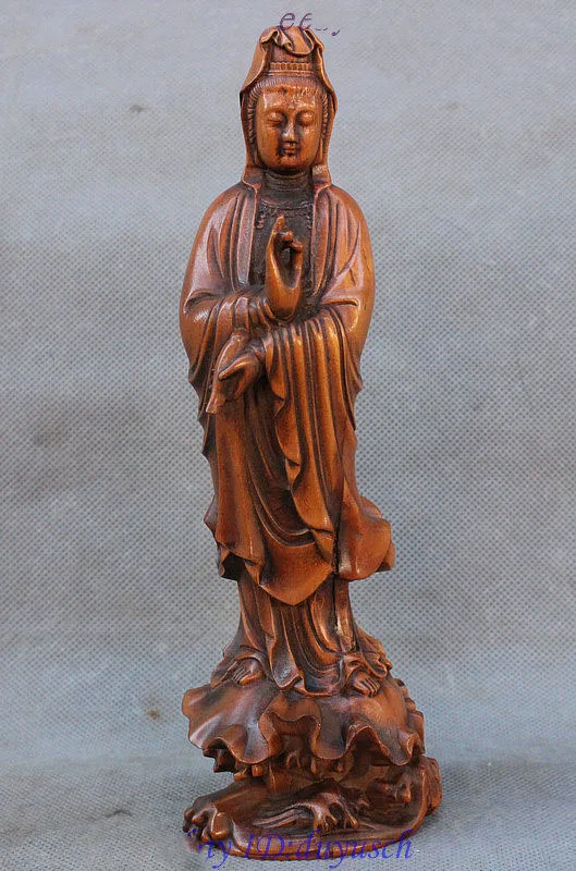 

Crafts statue Old China Buddhism Boxwood Wood Hand-carved GuanYin Kwan-yin Goddess Vase Statue