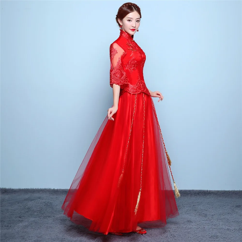 Шанхай история Половина рукава Кружева Cheongsam китайский свадебное красное платье Qipao традиционный Костюмы топ + юбка костюм комплект