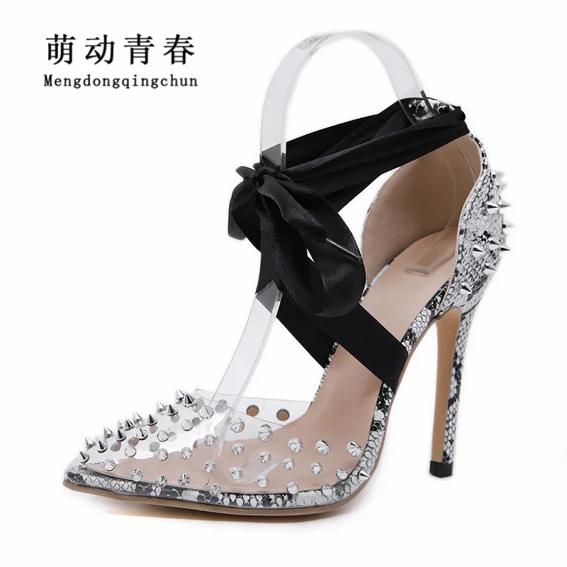 

2019 Europe New Women Pumps Fashion Rivet Lace Up High Heels Sexy Snake Print Pointed Toe Clear PVC Dress Summer Party Pumps