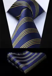 Тканые Классический галстук синий желтый полосатый 3.4 "Шелковый Галстук свадьбу платок Набор Новый # TS705Y8S