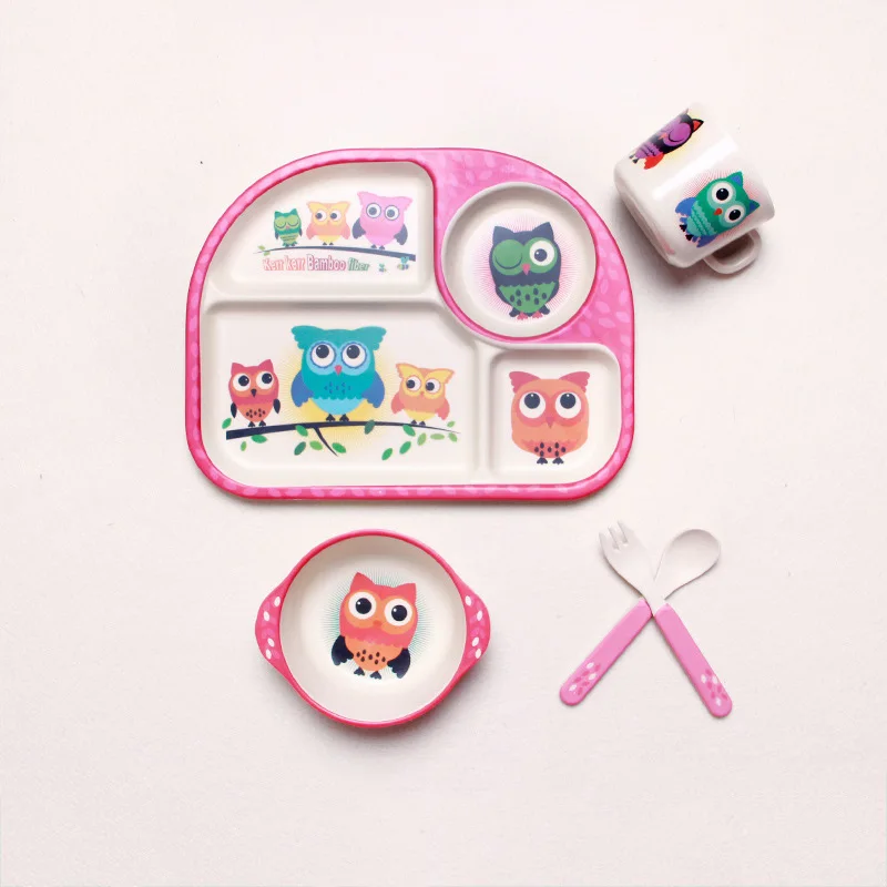 Baby Bamboo Fiber Tableware 5 PcsSet Children Dinner Cartoon Plate Bowl Fork Spoon Cup Feeding Set Supplier Food Dishes BB5090 (5)