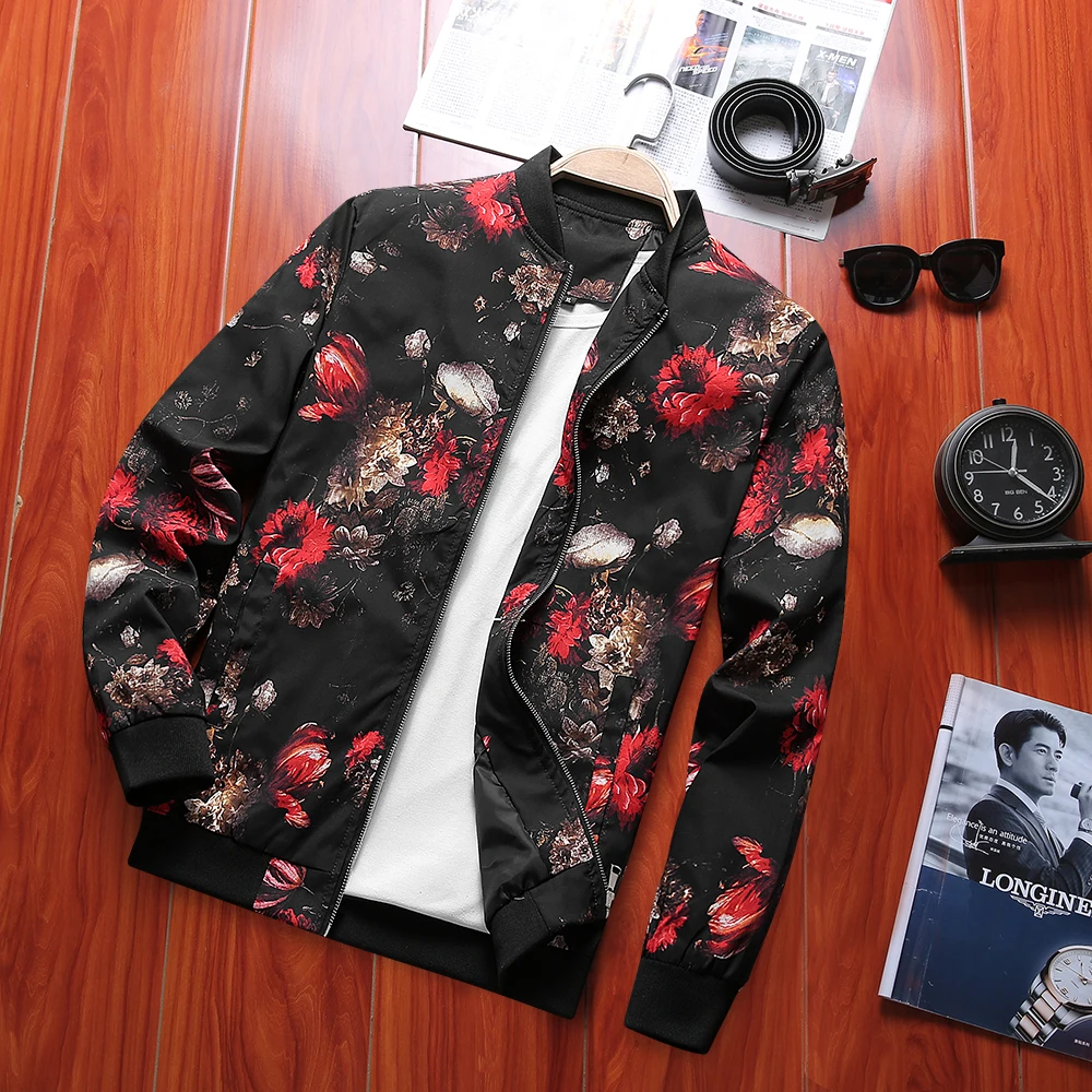 Drop Shipping Spring Autumn Bomber Jacket Men Floral Printed Fashion Slim Fit Mens Casual
