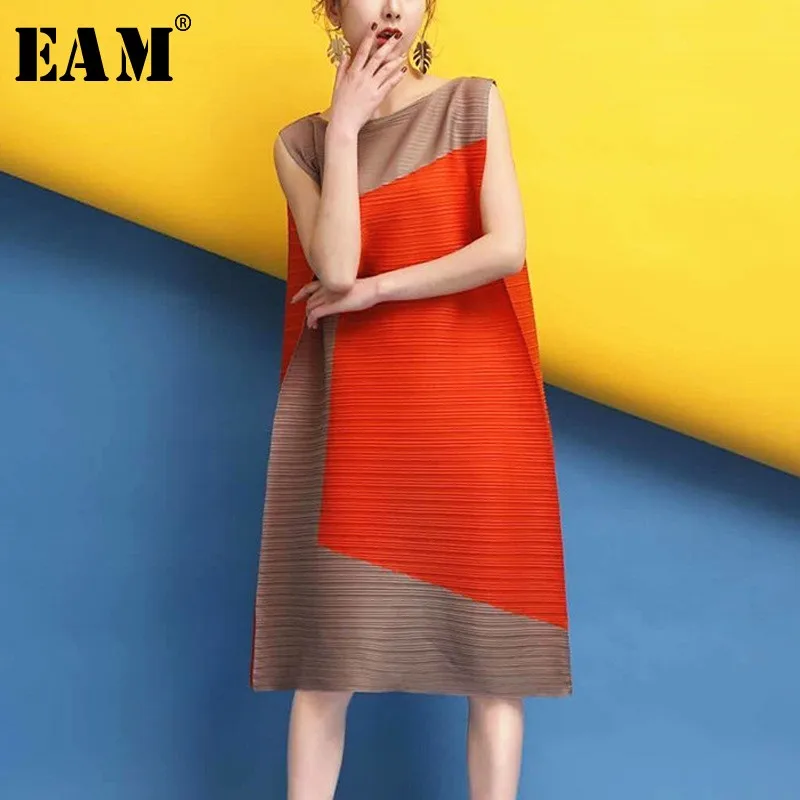 

[EAM] 2019 New Spring Summer Round Neck Sleeveless Hit Color Split Joint High Elastic Waist Pleated Dress Women Fashion JL560