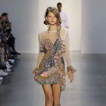 

New style Fashion Show Mini dress Empire Wodden ear Print Patchwork O-Neck Sexy Women Celebrity Body Con Party Dresses Wholesale