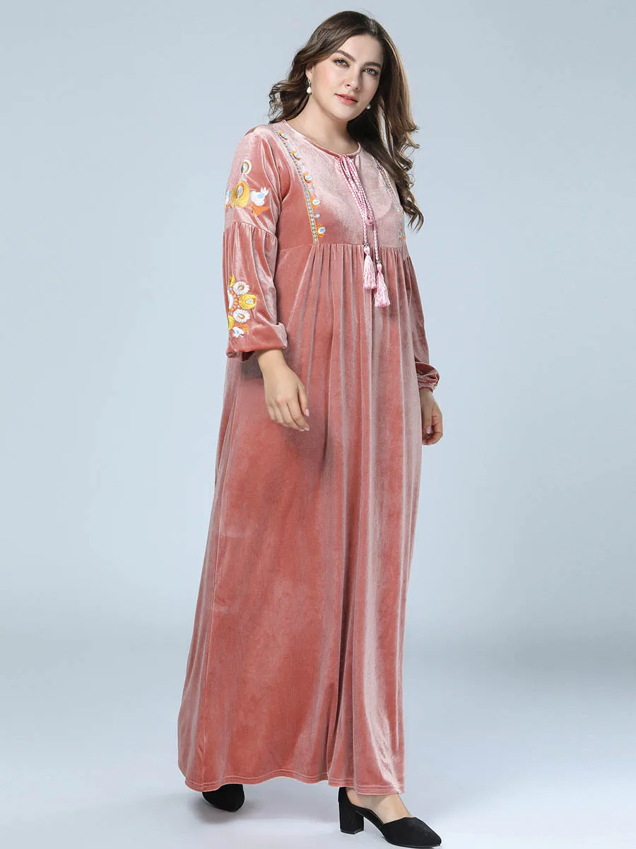 Бархатная абайя Дубай для женщин плюс размер Исламская одежда Бангладеш мусульманское платье кафтан турецкий Розовый Макси платья Вышивка халат