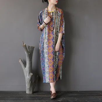 

Women Striped Dresses Vinage 2017 Autumn New Three Sleeve O-Neck Cotton Linen Loose Clothes Plus Size Dresses Casual