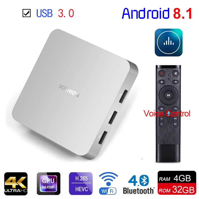 

Android 8.1 Smart TV BOX AI ONE RK3328 Quad Core RAM 4GB ROM 32GB 2.4G WIFI BT4.0 H.265 USB3.0 4K Set Top Box With Voice Control