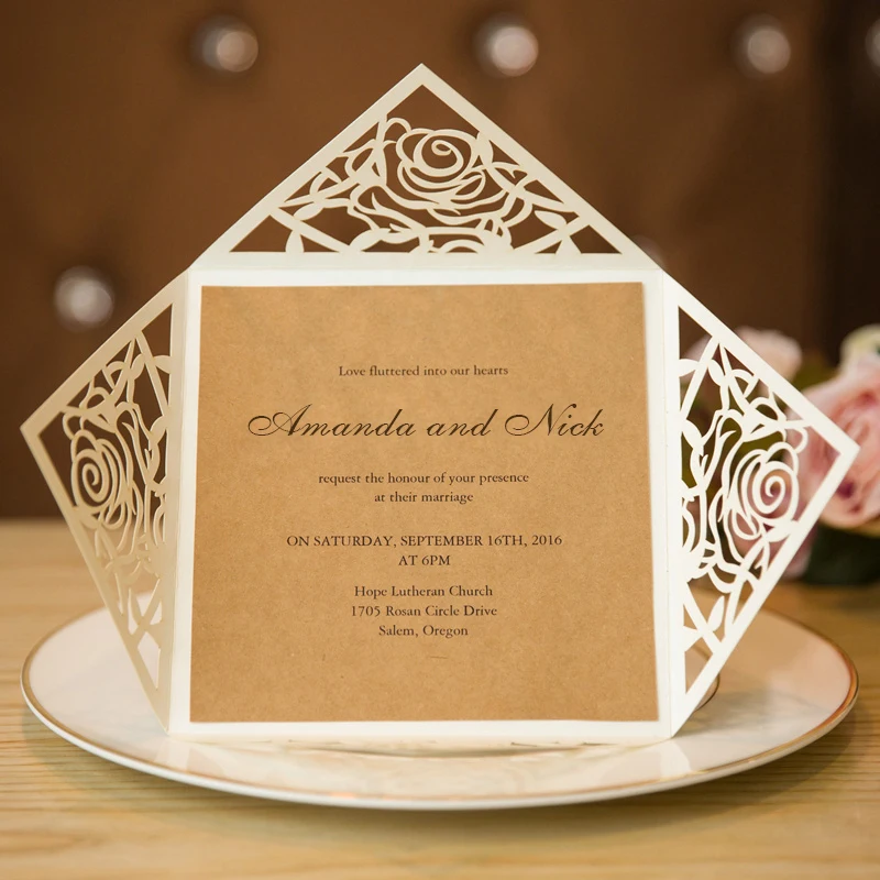 

100 Package ROSE Flower Square Wedding Invitations White Paper Print customize Name Laser Cut Invitation Cards festival