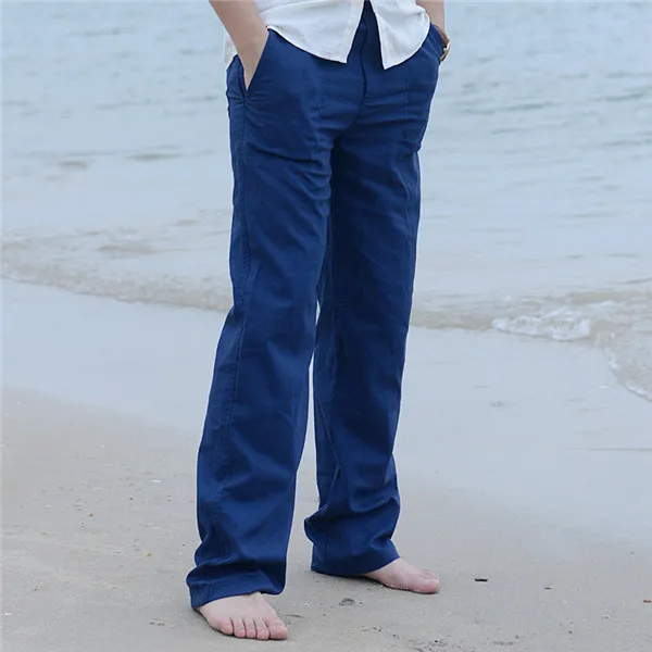 Zogaa, мужские летние повседневные штаны, хлопковые льняные брюки, эластичный пояс, прямые мужские штаны, большие размеры, широкие брюки для бега - Цвет: Navy Blue
