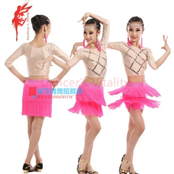 

NEW spandex Girls latin dance costumes long sleeves top+tassel skirt 2pcs latin dance set for girls' latin dance suits S-4XL