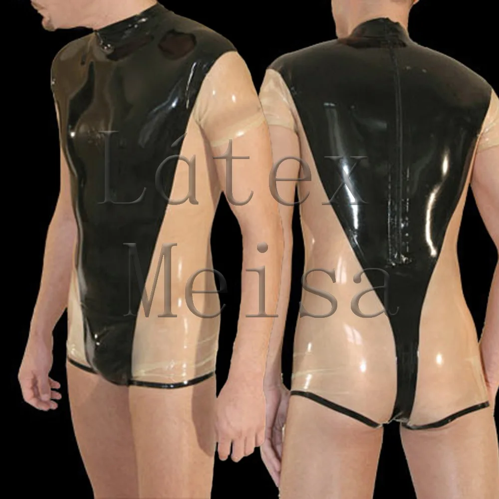 

Men's short sleeve Zentai latex catsuit attached back zip main in black with transparent trim color