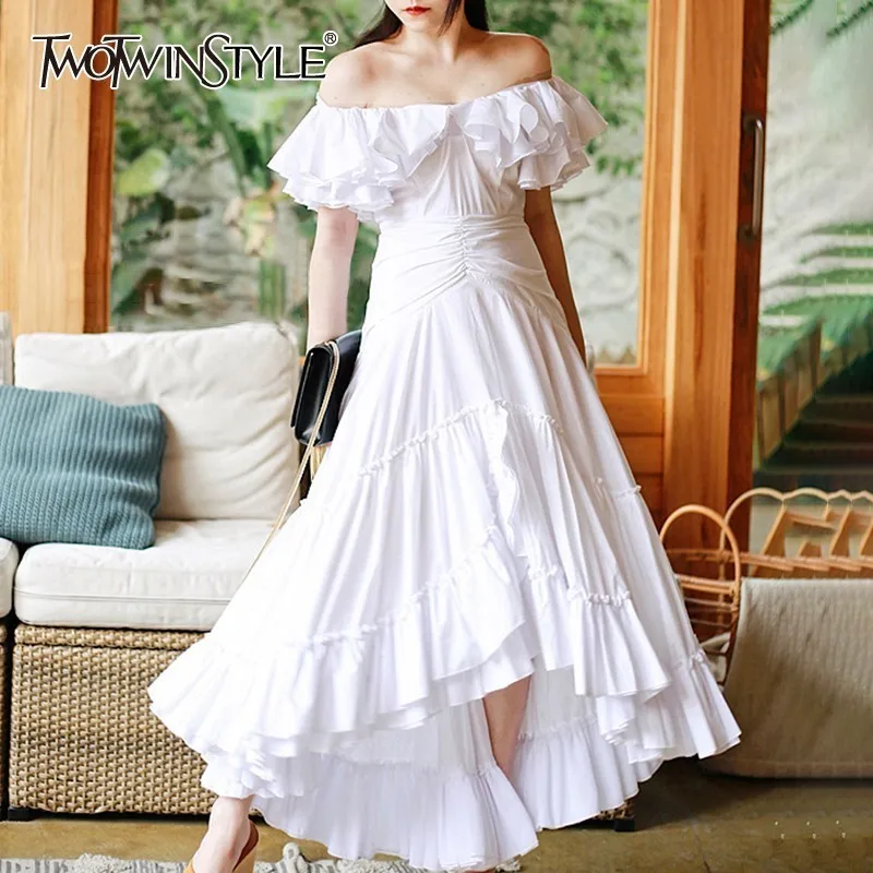 

TWOTWINSTYLE Party Dress For Women Slash Neck Ruffles Sleeve High Waist Large Size Asymmetrical Dresses Female Fashion 2019