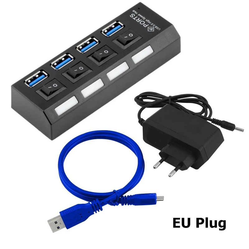 Usb-концентратор с несколькими портами 3,0 4 порта USB 3,0 концентратор разделители USB с адаптером питания переключатель 3 Hab для ПК macbook pro компьютерные аксессуары - Цвет: Black and EU Adapter