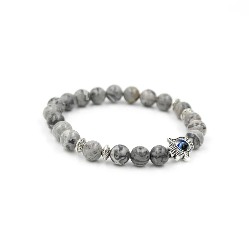 Antique Silver Color Hand of Fatima Hamsa Charm Bracelet Mala Marble Stone Bead Evil Eye Elastic Bracelet for Men & Women Gift 3