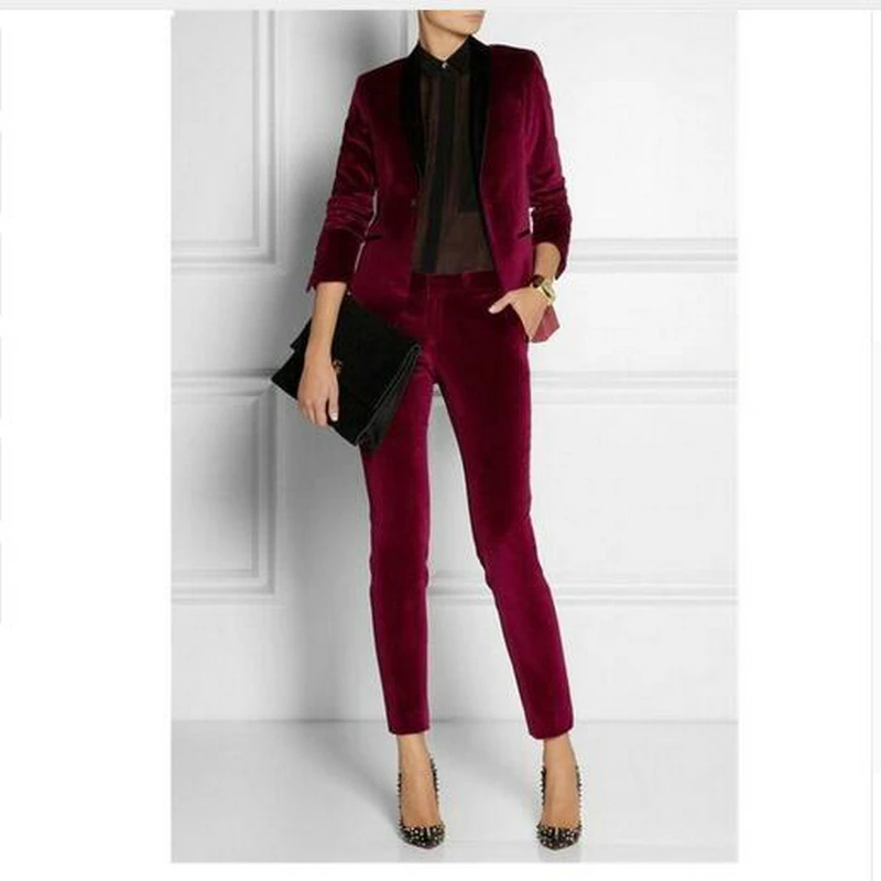 Burgundy Velvet Women Business Suits High Waist Pants Female Office Uniform Slim Formal Ladies Elegant Pant Suits Custom Made Burgundy Velvet Women Business Suits High Waist Pants Female Office Uniform Slim Formal Ladies Elegant Pant Suits Custom Made