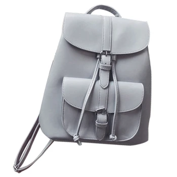 

Fashionable Women's Pull-Rope Pu Leather Backpack Belt Decoration Schoolbag Student Shoulder Bag(Light Grey)