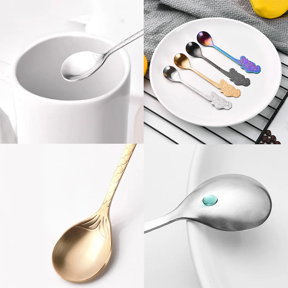 Tea Spoon 304 Stainless Steel TeaSpoon Cute Mermaid Pattern Dessert Snack Coffee Spoon Party Kitchen Wedding Gift Tableware