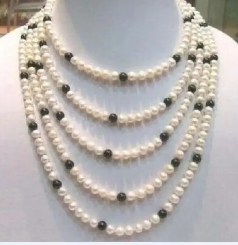 

long 100" Genuine white+black akoya pearl necklace14K Gold (9.13)