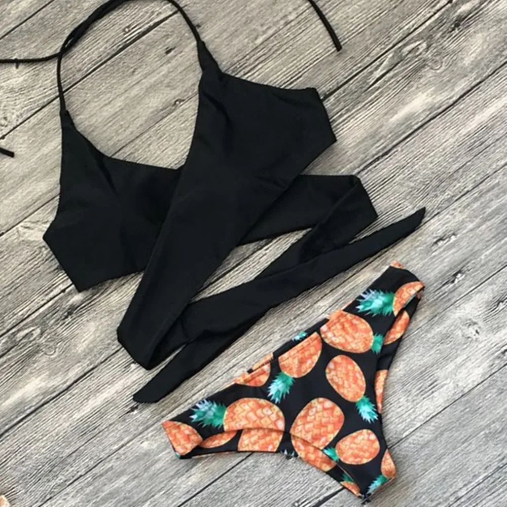 

2018 Women Print Push-Up Padded Bra Bikini Set Halter Cross Bandage Swimwear Swimsuit Female Bathing Beachwear Biquines Jan26