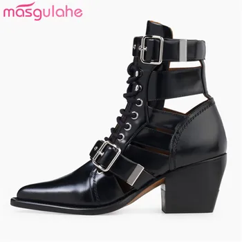 

Masgulahe 2019 big size 43 genuine leather boots women buckle lace up spring summer high heels dress shoes woman ankle boots