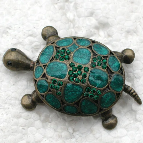 

Antique Bronze Green Rhinestone Enamel Turtles Pin brooches C252 M4