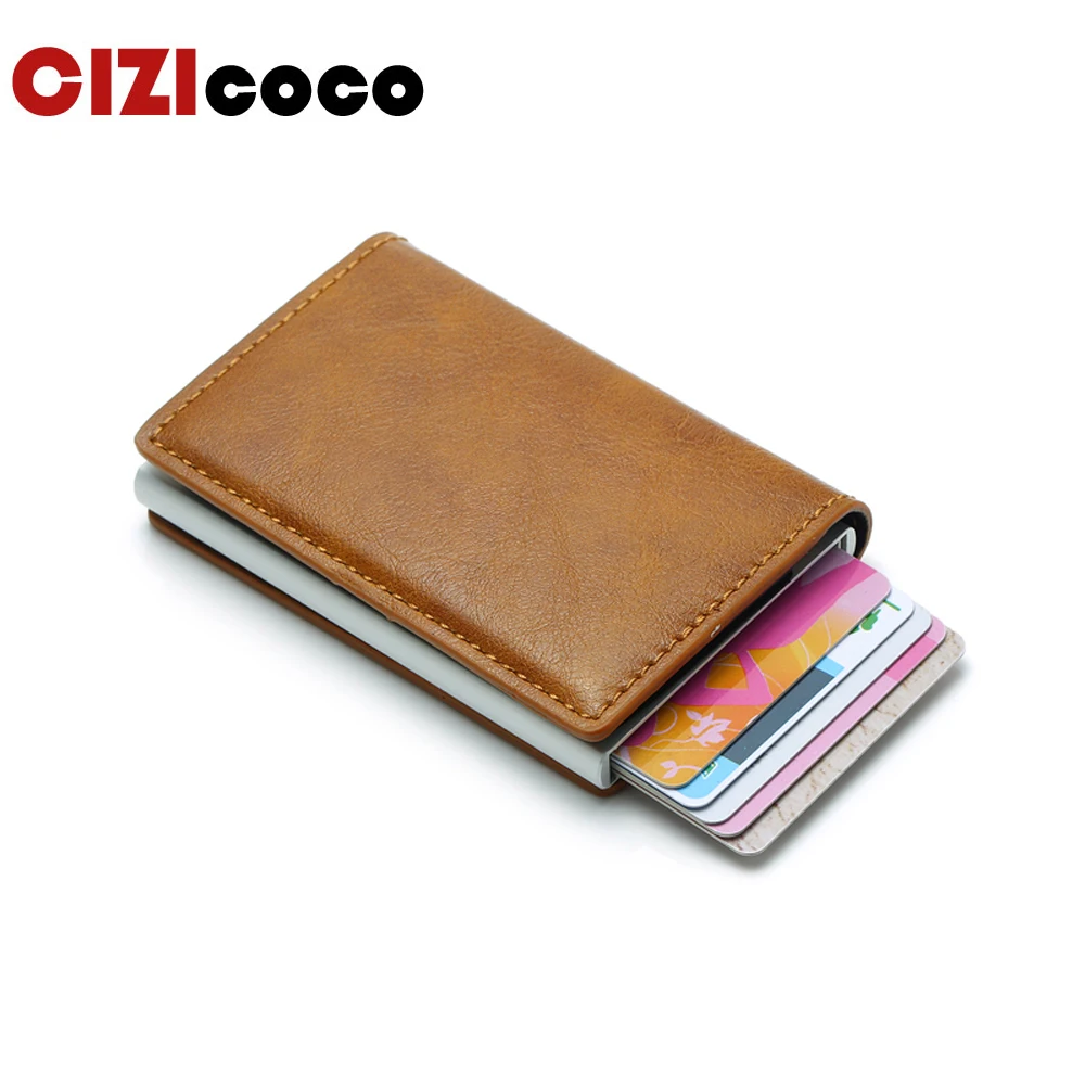 

Cizicoco New Antitheft Men And Women Credit Card Holder RFID Aluminium Business Card Holder Crazy Horse PU Leather MIni Wallet