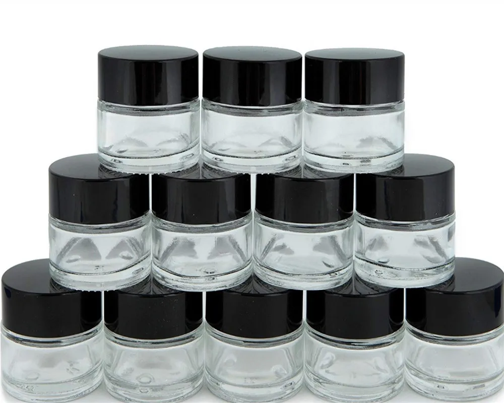 

12 1oz 30ml Clear Glass Cream Jars Cosmetic Packaging with lid black plastic caps & inner liners round empty small glass jar pot