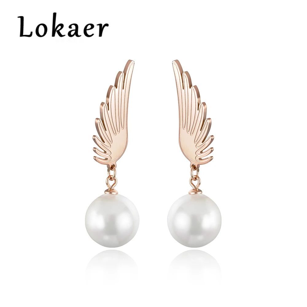 

Lokaer Classic Titanium Steel Angel Wings Earrings Jewelry Rose Gold Color Simulated Pearl Stud Earrings For Women E180350266R